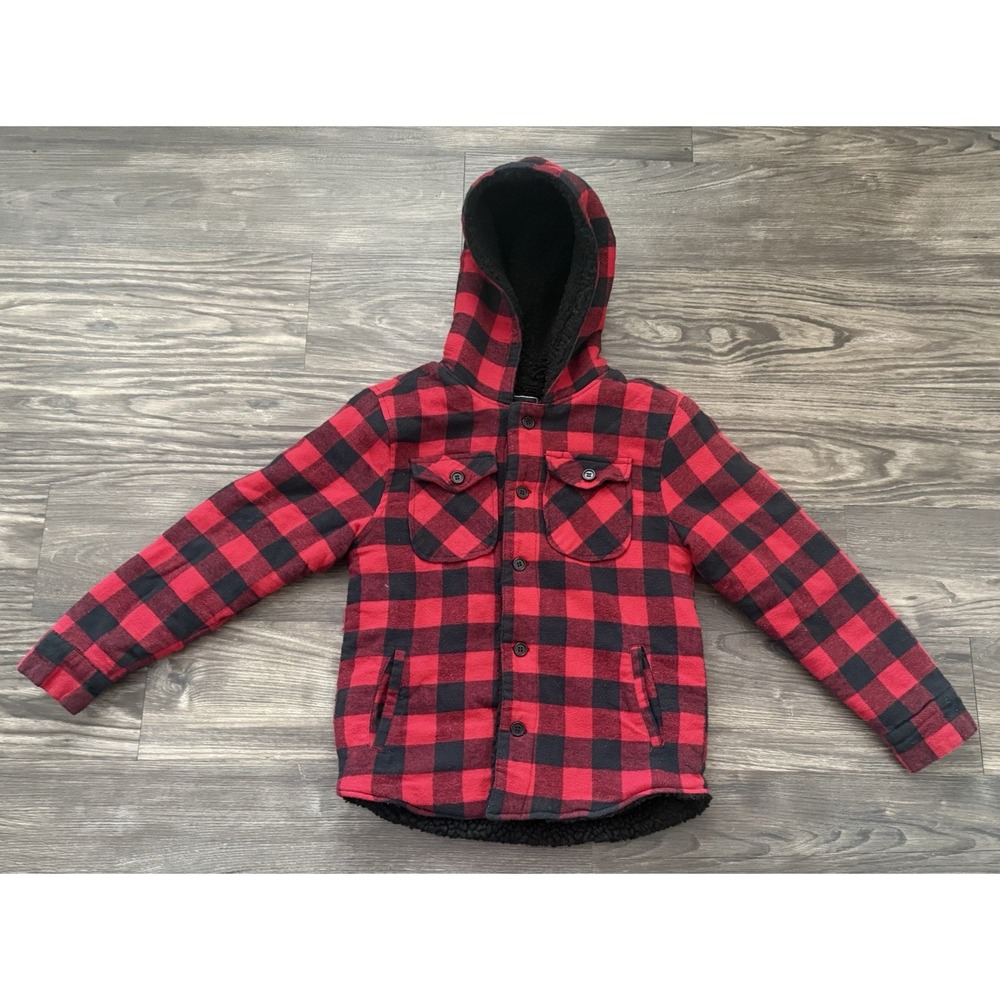 Boys Youth Red Plaid Skater Coat Black Sherpa Size 8 Medium‎ Warm Button Up